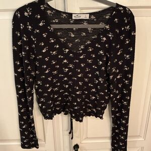 Hollister Ruched Long Sleeve Top Sz L Floral Stretch Waffle Weave